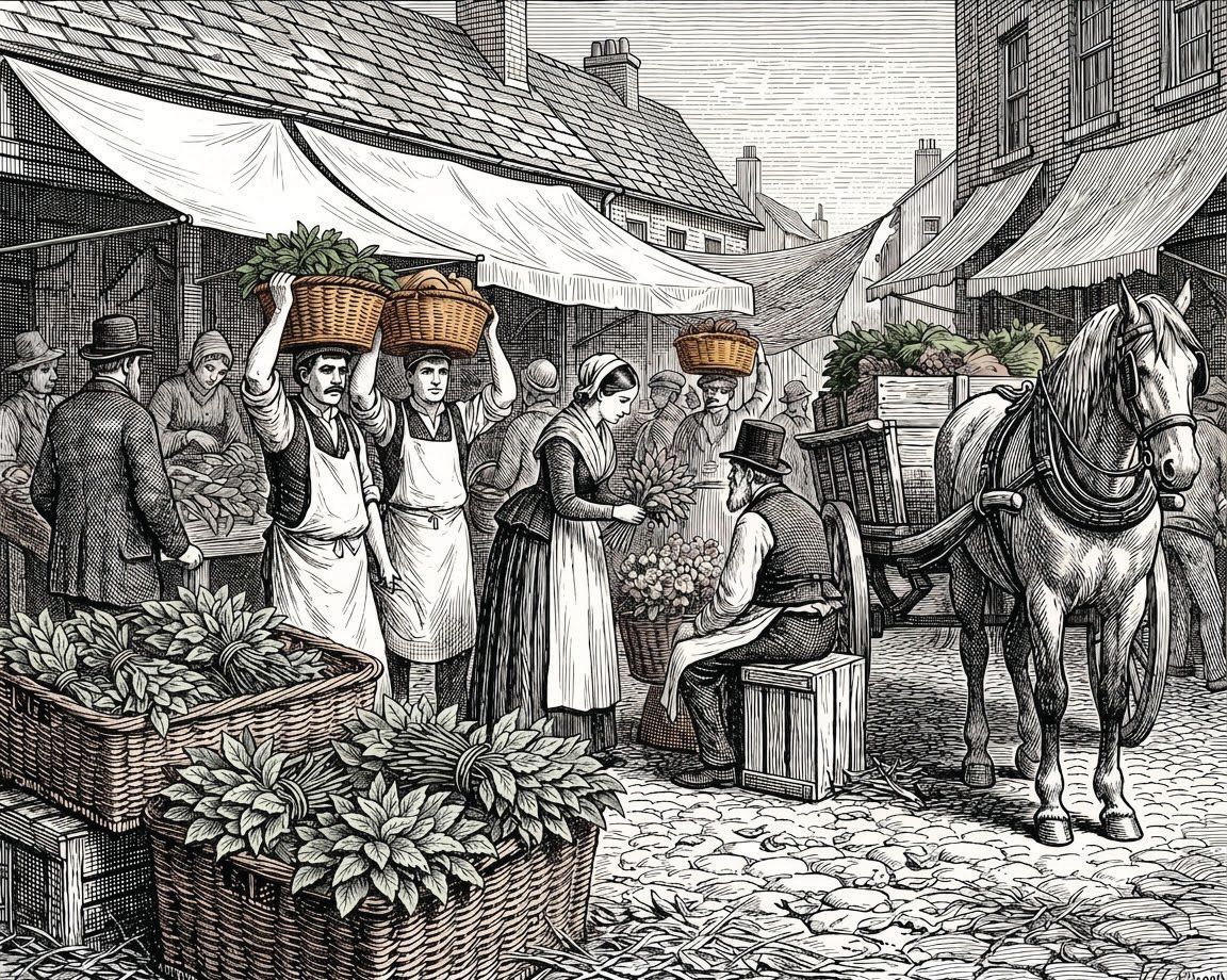 A London market, herbs in wicker, the city waking.