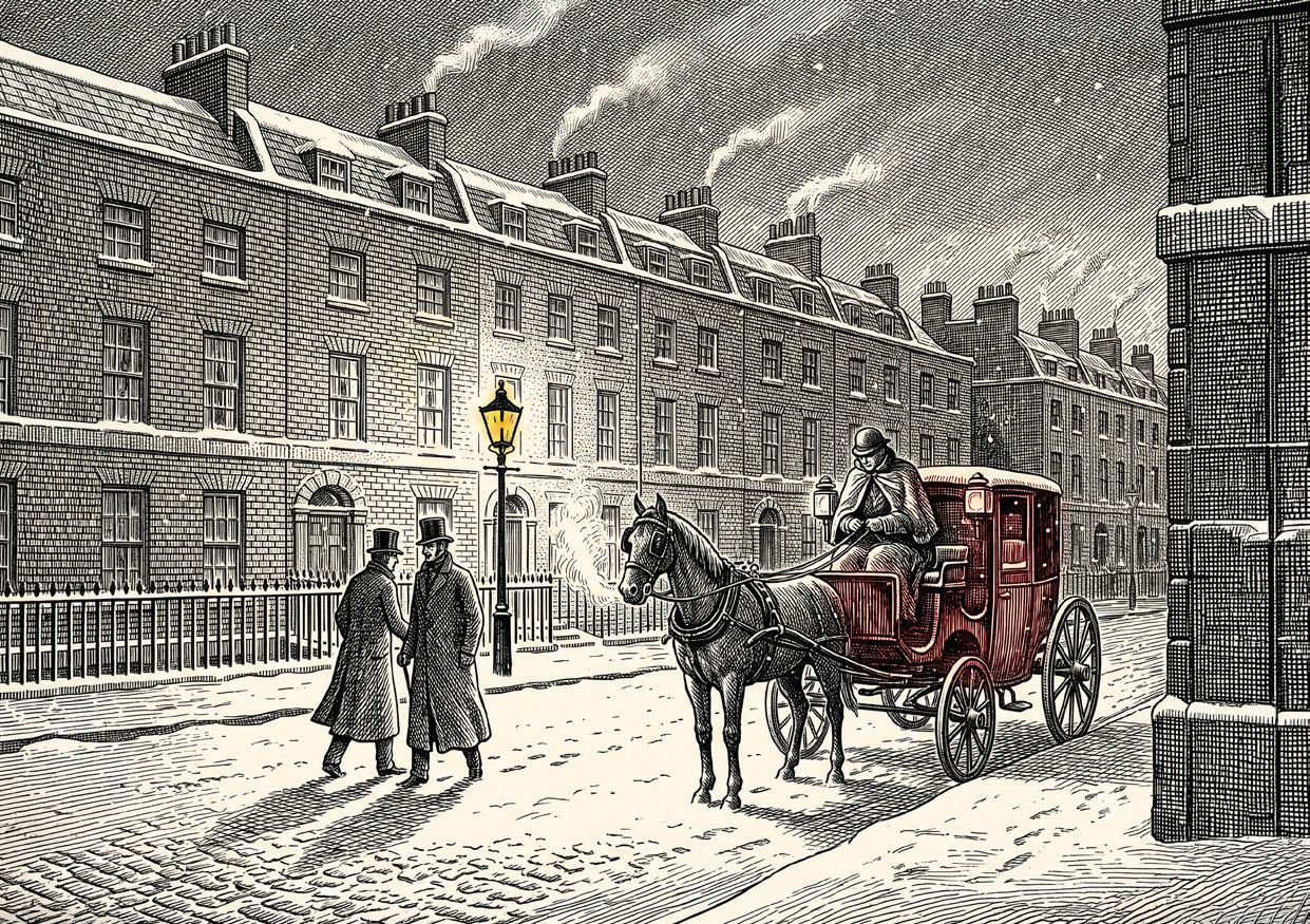 A gas-lit London street in the year of his birth.